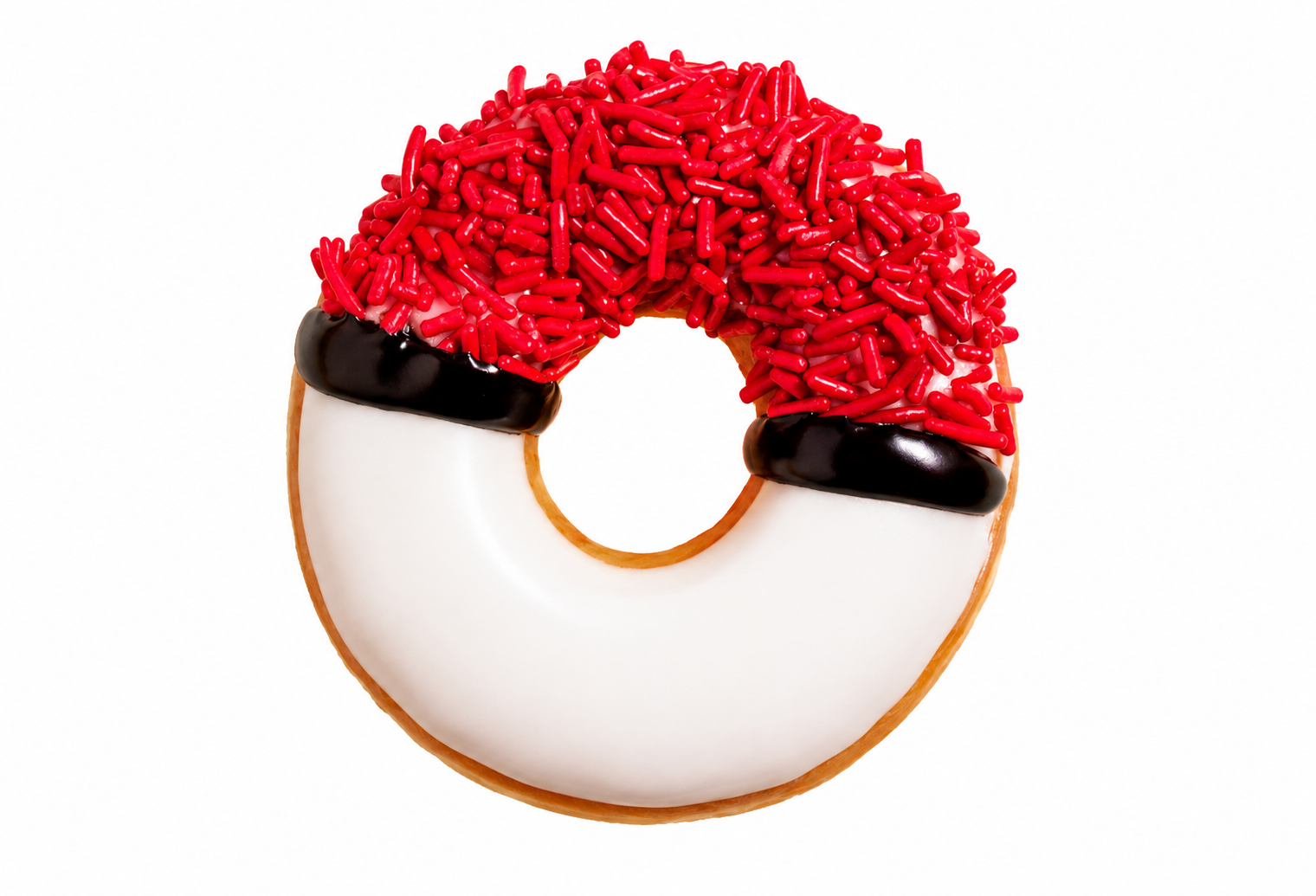 Dona Pokébola de Krispy Kreme con glaseado blanco, sprinkles rojos y detalle de glaseado negro