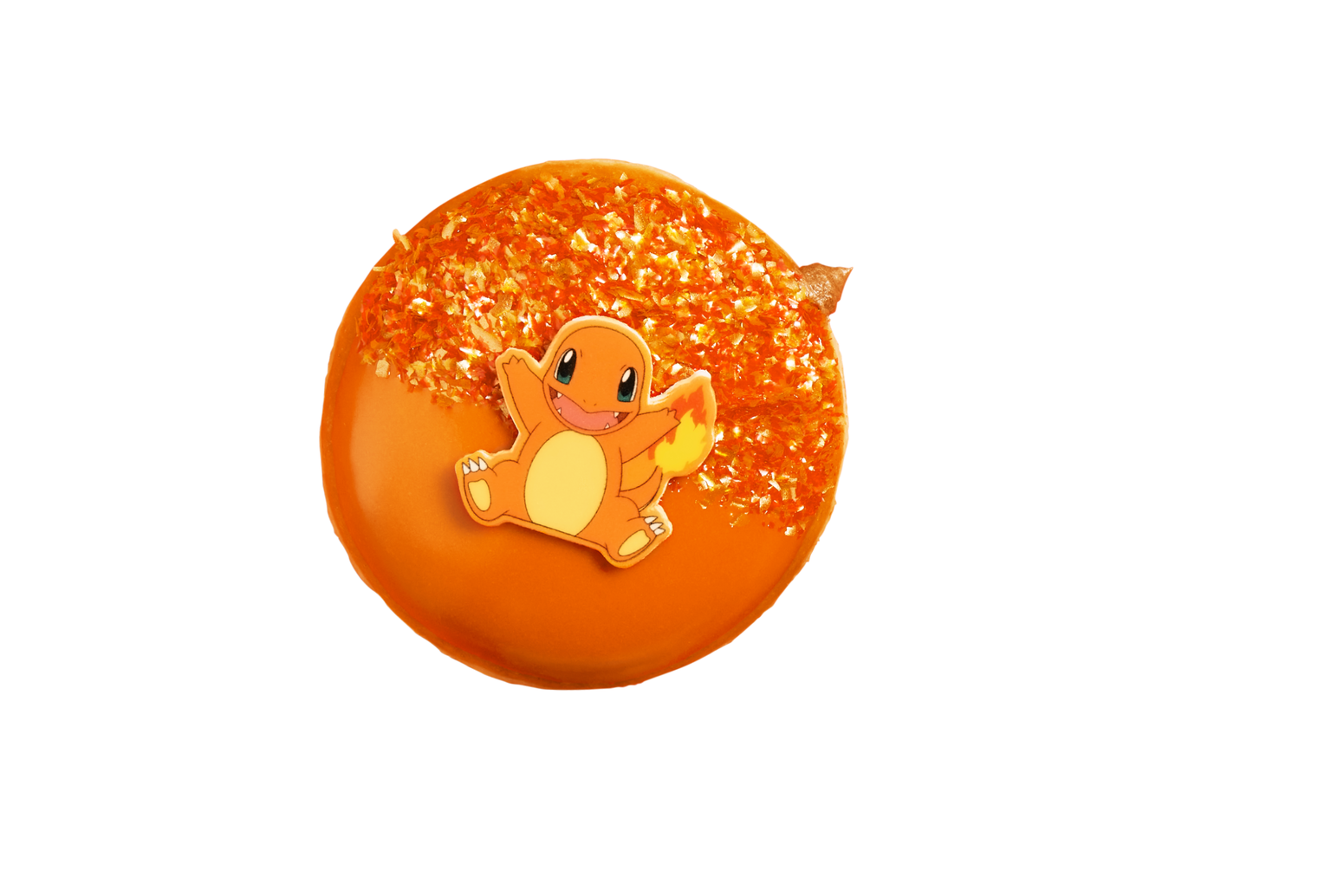 Dona Charmander de Krispy Kreme con crema de chocolate, glaseado naranja, sprinkles rojos y figura de fondant