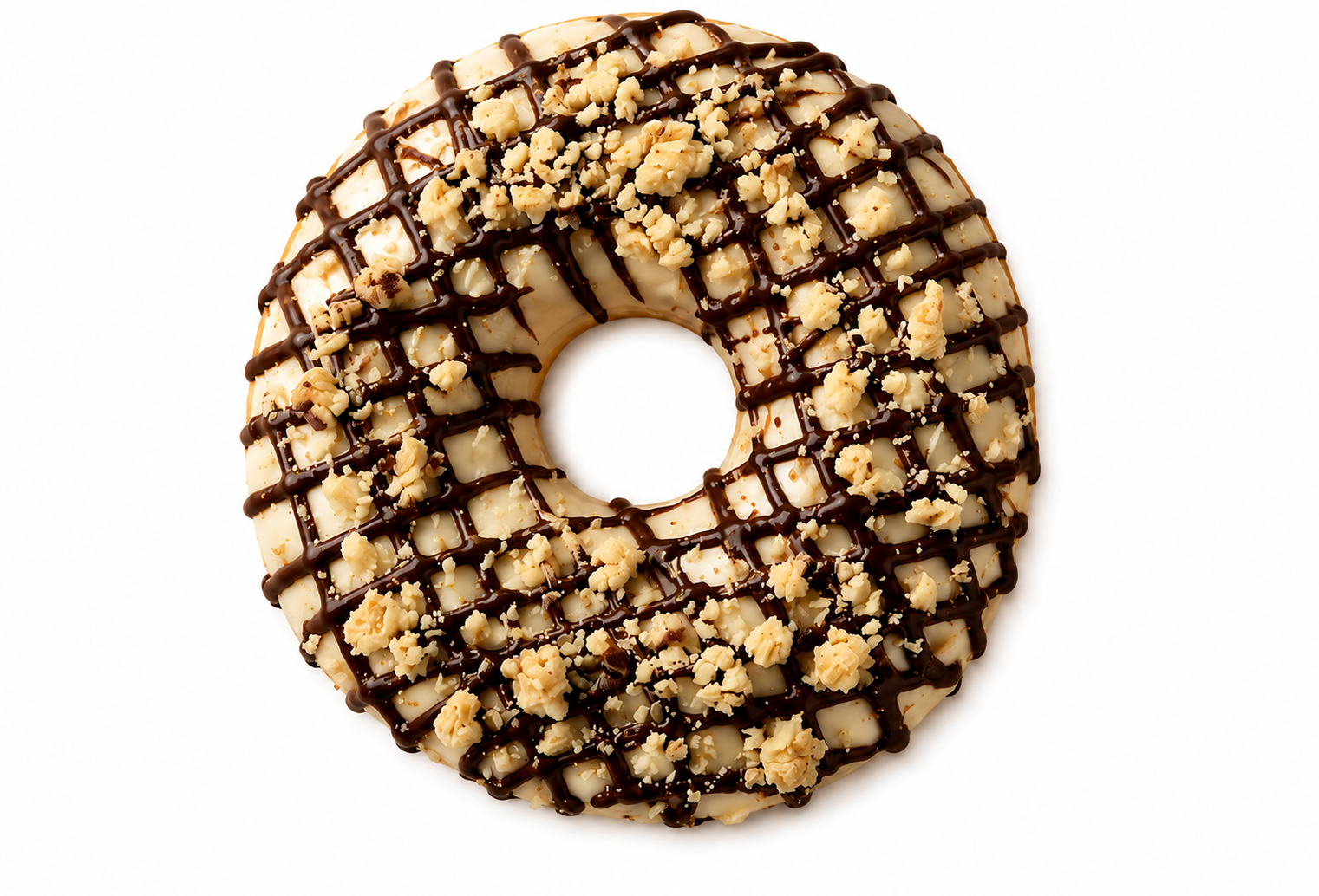 Dona Choco Crumble de Krispy Kreme con chocolate blanco, drizzle de chocolate oscuro y crumble crocante