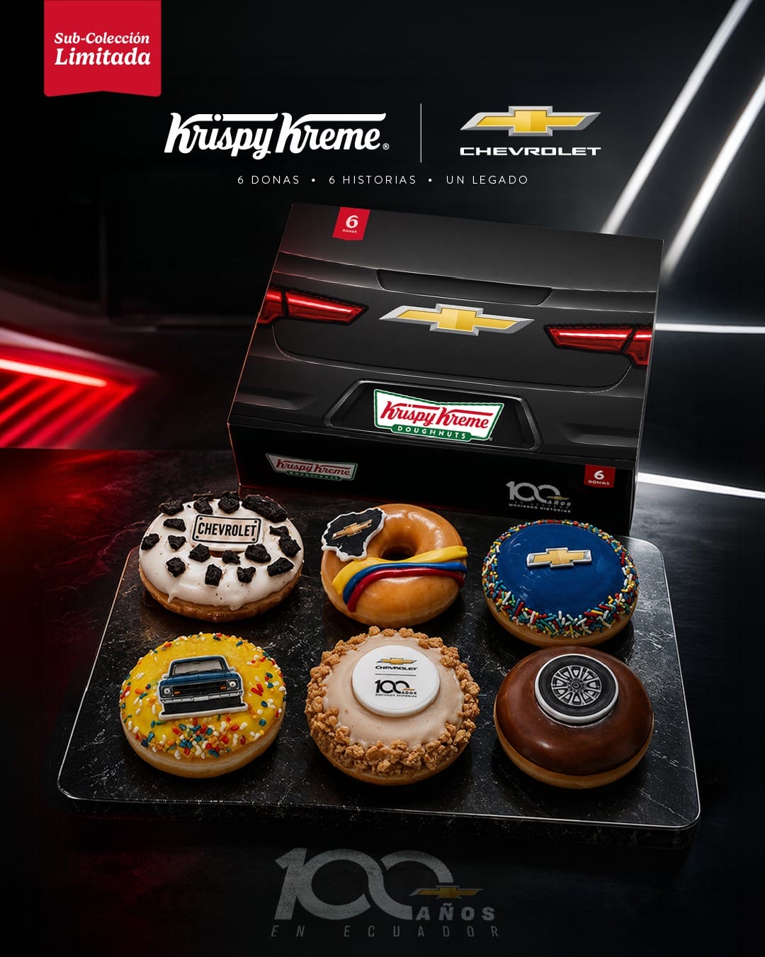 Caja conmemorativa de 6 donas creada por la alianza entre Krispy Kreme Ecuador y Chevrolet por sus 100 años